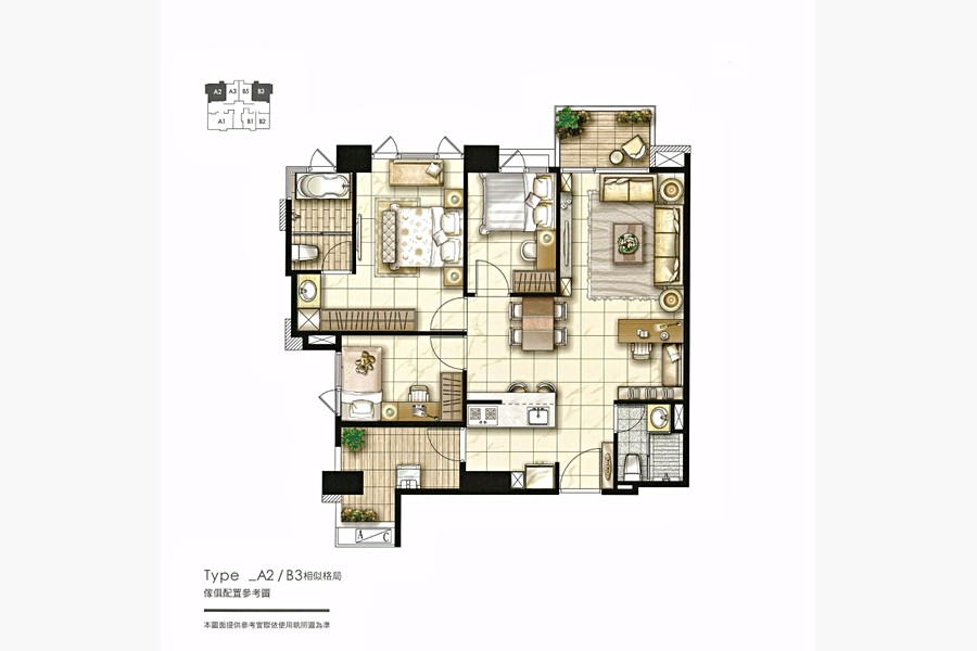 「明築向陽」A2戶傢俱配置圖