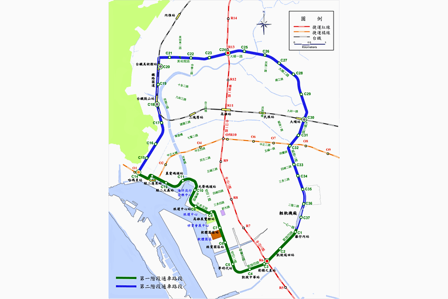 輕軌路線圖(圖片來自高雄市政府捷運工程局網頁)