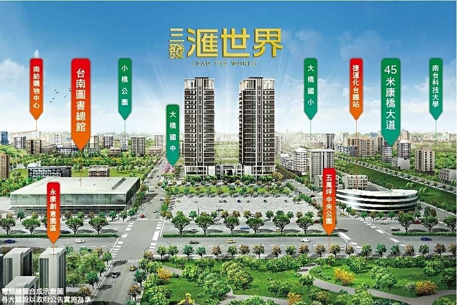 左擁台南圖書總館,右鄰45米康橋大道,緊鄰5萬坪中央公園及7千坪小橋公園。
