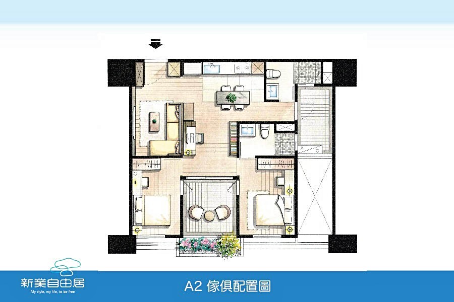 A2戶為2房格局,雖僅一面採光,但是非常有巧思的規劃出前後陽台、並且衛浴都開窗。