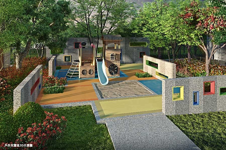 戶外兒童區滿足孩子跑跳需求/3D示意圖。