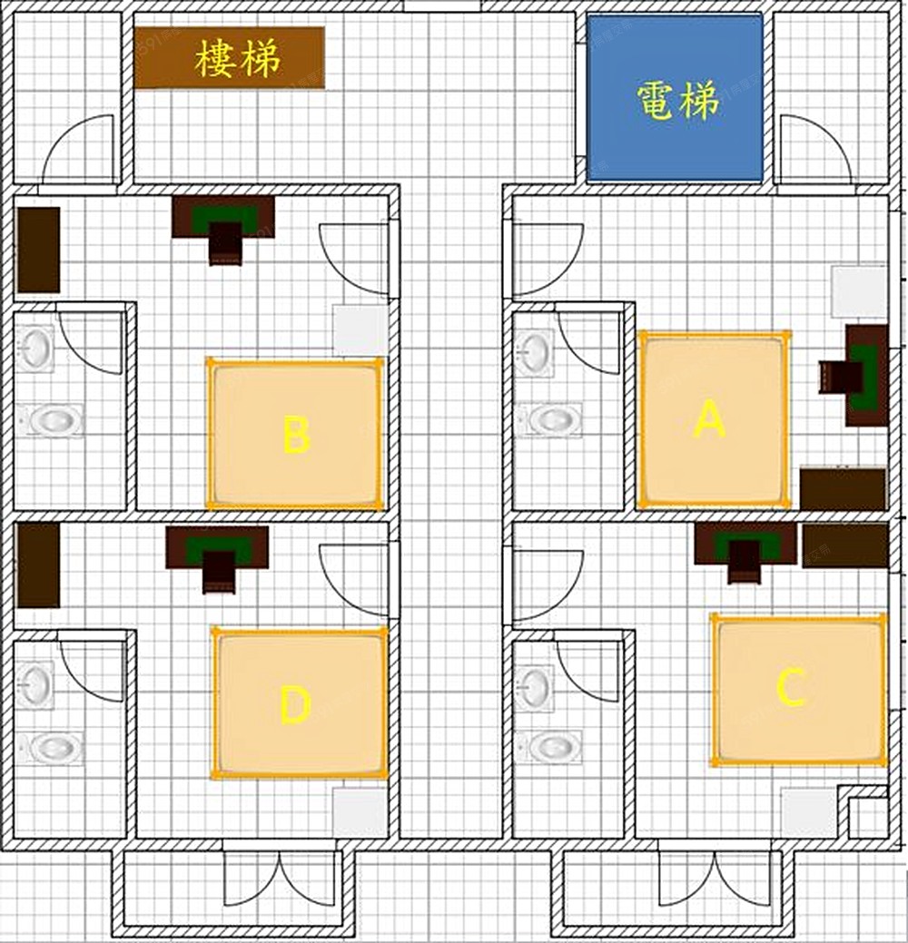 平面圖,每層樓4間房間